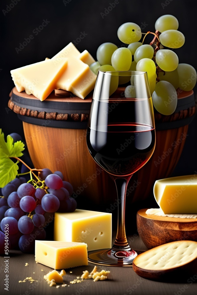 Still life with red wine, cheese, grapes on a wooden background