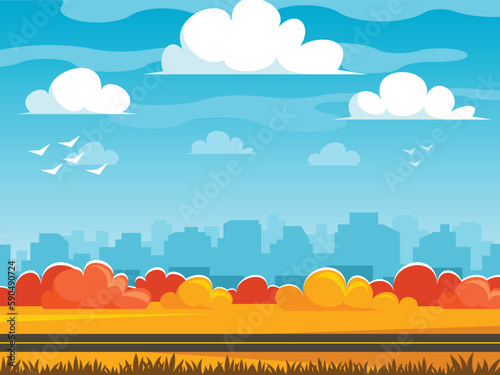 Autumn nature background with cityscape. Autumn city park on the background of the business district. Vector graphics