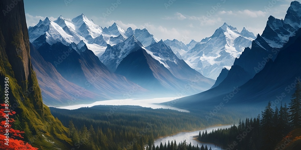 Beautiful landscape with a view of the mountains and the forest valley. Generative AI.