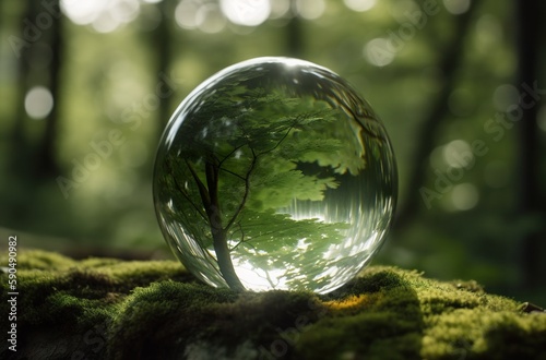 Earth Day April 22  beautiful reflections and magnified distorted leaves and trees in crystal glass ball in magnificent forest  AI generative image