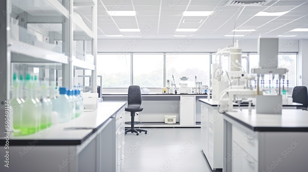 Scientific laboratory interior, research facilty, light and airy with white shelves and benches, modern design, AI generative Scientific laboratory interior, research facilty, light and airy with white shelves and benches, modern design, AI generative