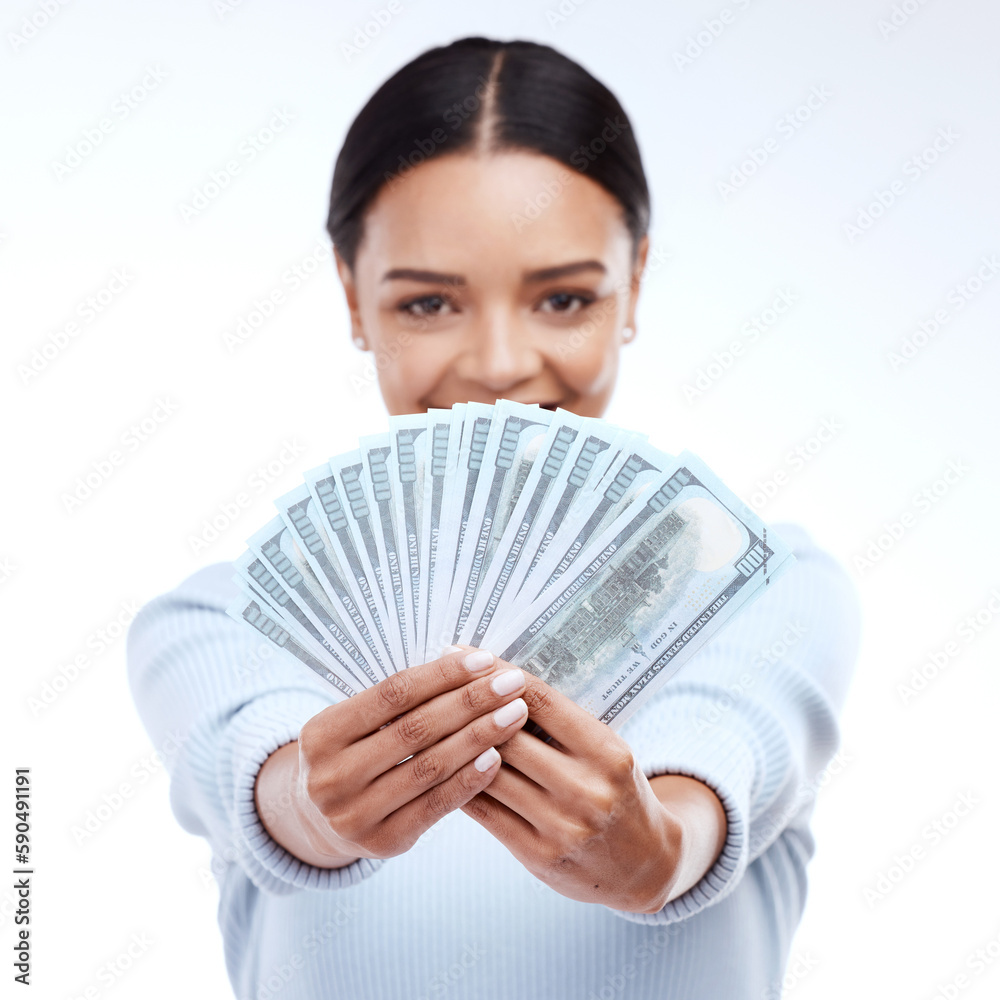 Dollar money, studio portrait or woman face with lottery win, competition giveaway or cash dollar award. Finance trading, salary or prize winner of poker, deal or casino gambling on white background Dollar money, studio portrait or woman face with lottery win, competition giveaway or cash dollar award. Finance trading, salary or prize winner of poker, deal or casino gambling on white background