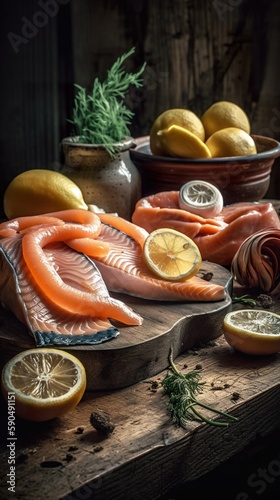 Traditional italian sea food on rustic wooden table  AI generative shot