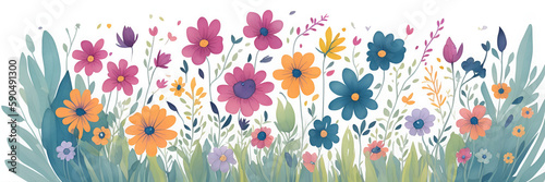 Colorful flower meadow in spring paint. AI generated illustration