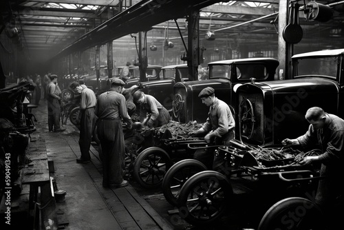 Assembly line, capturing engineering ingenuity and the spirit of the Second Industrial Revolution. generative ai