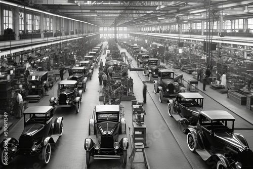 Assembly line, capturing engineering ingenuity and the spirit of the Second Industrial Revolution. generative ai