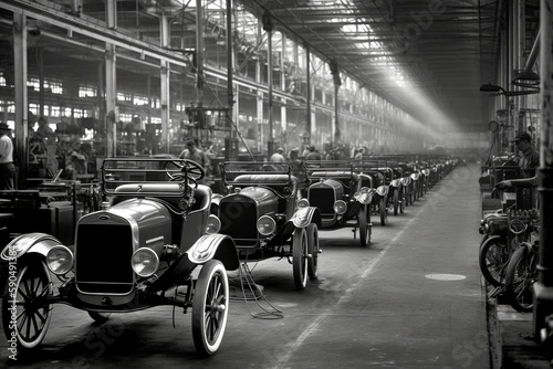 Assembly line, capturing engineering ingenuity and the spirit of the Second Industrial Revolution. generative ai