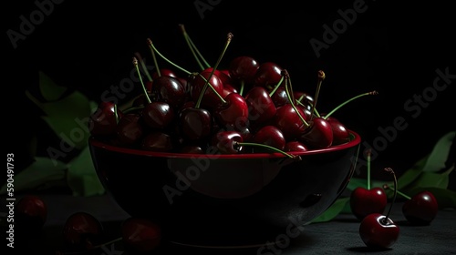 Sweet cherry fruits isolated on dark background. Sweet Cherries. Fresh Cherries. 