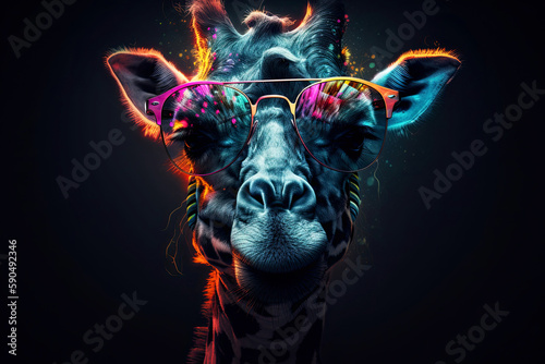 Realistic close-up portrait of a hipster Giraffe wearing glasses in neon colors. Generative AI illustration.