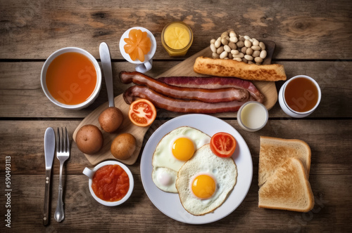 English breakfast with fried eggs and bacon on wooden table, flat lay. Generative AI