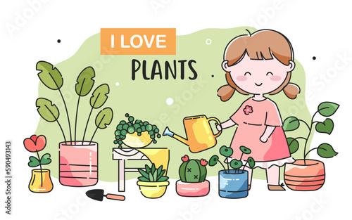 Сute young girl watering and planting indoor plants in flower pots. Vector illustration on an isolated background with the motto - I love plants. Cartoon concept illustration on the theme of plants.