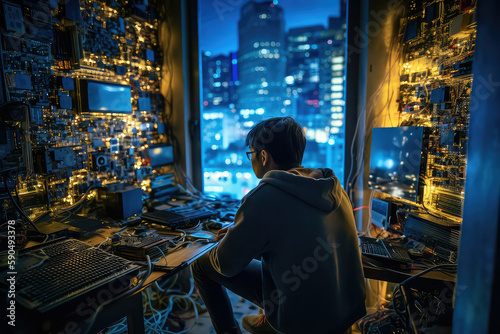 Tech nerd with glasses sits in his chair in a small tech-packed penthouse room overlooking a city skyline, Generative AI photo