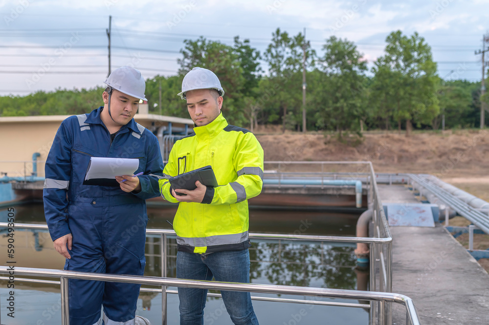 Environmental engineers work at wastewater treatment plants,Water supply engineering working at Water recycling plant for reuse,Technicians and engineers discuss work together. Environmental engineers work at wastewater treatment plants,Water supply engineering working at Water recycling plant for reuse,Technicians and engineers discuss work together.