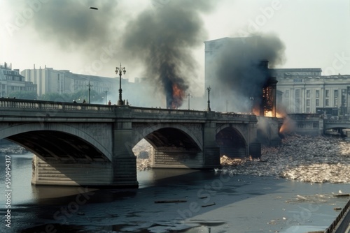 爆撃されて火災が発生している橋 © PhotoSozai