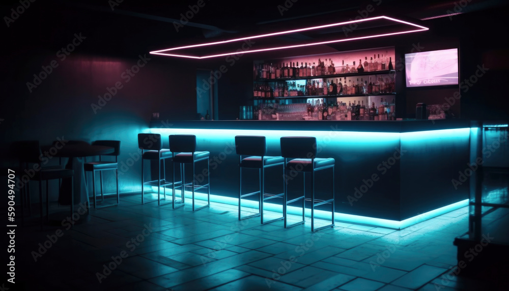 Dark night club scene after hours with moody neon lights