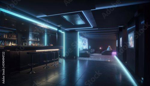 Dark night club scene after hours with moody neon lights