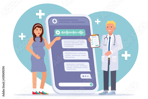 Young pregnant european woman at online consultation with male doctor gynecologist by phone. Remote Pregnancy and health monitoring by videocall. Expectant mother Vector illustration flat style