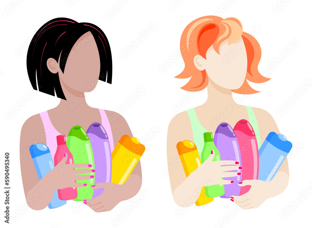 Two variants of images of faceless girls with cosmetic bottles in different colors on a white background Two variants of images of faceless girls with cosmetic bottles in different colors on a white background