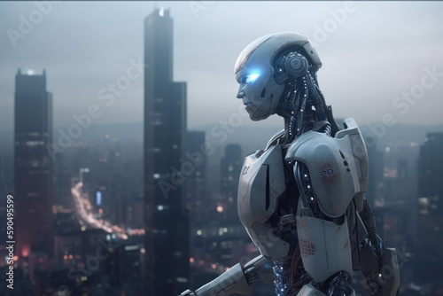 Artificial intelligence robot looking at the city. Futuristic concept. Generative AI