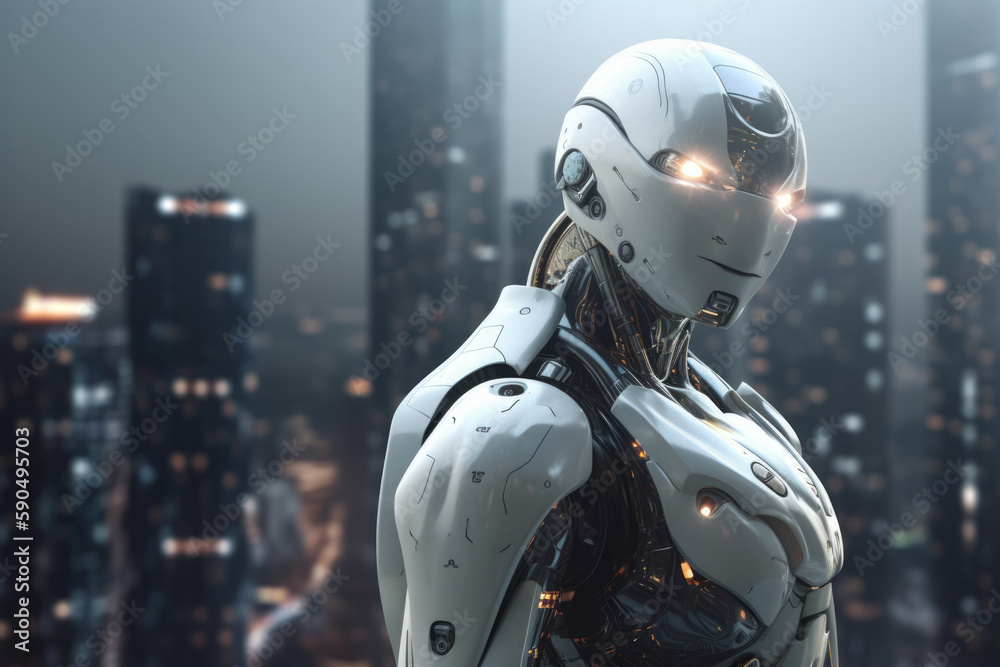 Artificial intelligence robot looking at the city. Futuristic concept. Generative AI