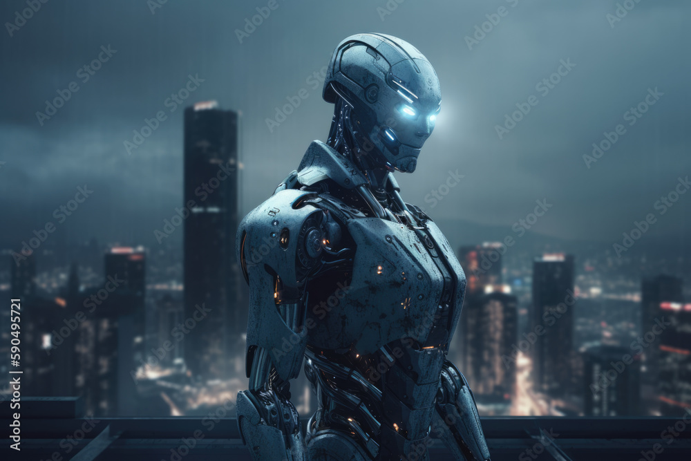 Artificial intelligence, robot looking at the city. Futuristic concept. Generative AI Artificial intelligence, robot looking at the city. Futuristic concept. Generative AI