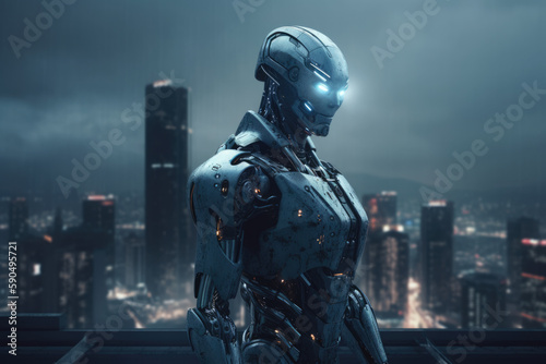 Artificial intelligence, robot looking at the city. Futuristic concept. Generative AI