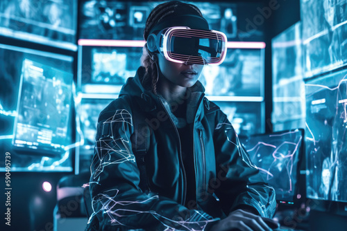 A Girl Wearing A Virtual Reality Headset Surrounded by Monitors Working in Virtual Reality, Artificial Intelligence. Generative AI