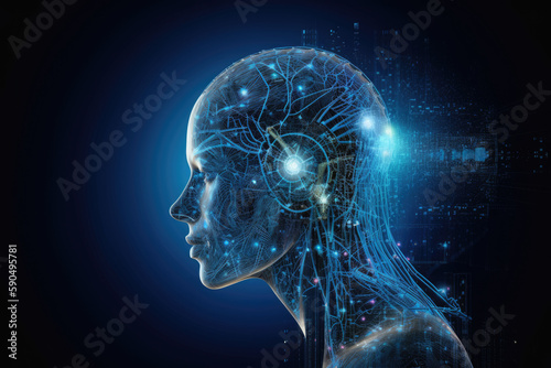 Human Head with Glowing Artificial Intelligence Technology. Science Futuristic Human Brain. AI technology. Future of Artificial Intelligence. Generative Ai.