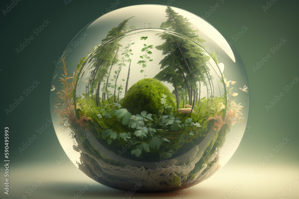 Glass sphere with natural woodland inside. Forest ecosystem conservation. Ecology concept. Generative AI