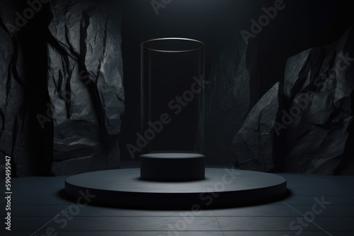 Dark podium stand on minimal pedestal stage for product showcase. 3d background. Empty product display mockup platform on dark background, luxury style. Generative Ai