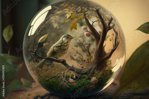 Glass sphere with a bird on a tree branch inside. Ecology concept. Nature protection. Generative AI