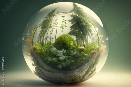 Glass sphere with natural woodland inside. Forest ecosystem conservation. Ecology concept. Generative AI
