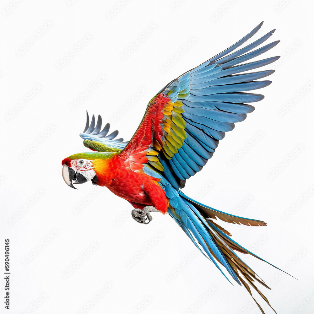 Obraz premium Yellow-breasted Macaw (Ara ararauna), in front of white background, AI-generated