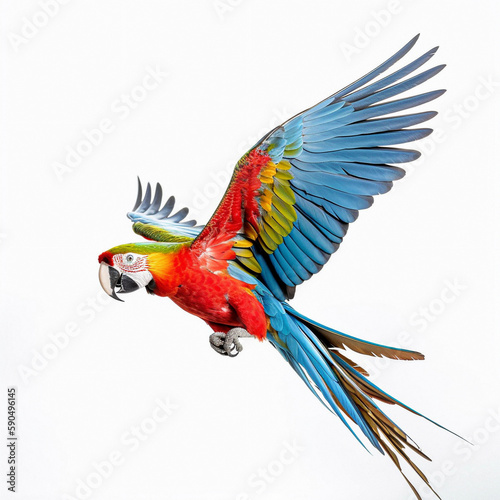Yellow-breasted Macaw (Ara ararauna), in front of white background, AI-generated