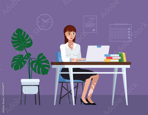 Vitiligo European Young Woman in Black and White Suit sitting at desk using laptop. Office Girl in formal wear with chronic vitiligo skin disease, fringe hair. Diversity, Body positive, inclusiveness