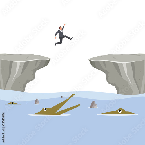 Businessman Jump Over Cliff Gap Mountain. Jump for new opportunity