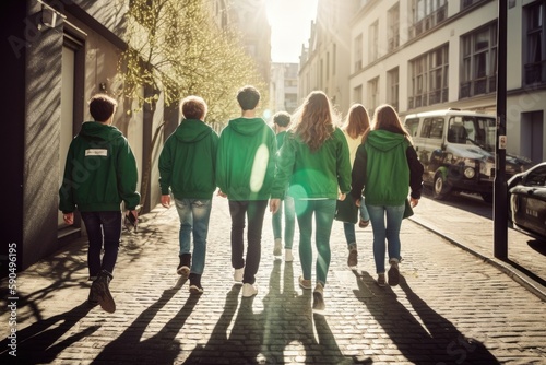 group of people walking in the city with green shirts