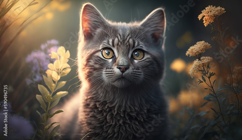 Cute gray cat in a garden, Generative AI