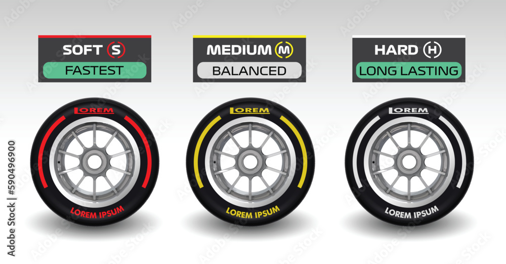 Obraz premium set collection black wheel red yellow white line compounds type soft tyre hard medium soft compound rubber logo symbol icon vector template strategy team principal isolated background