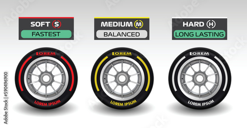 	 set collection black wheel red yellow white line compounds type soft tyre hard medium soft compound rubber logo symbol icon vector template strategy team principal isolated background