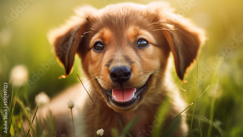 Cute puppy playing in the grass, Generative AI
