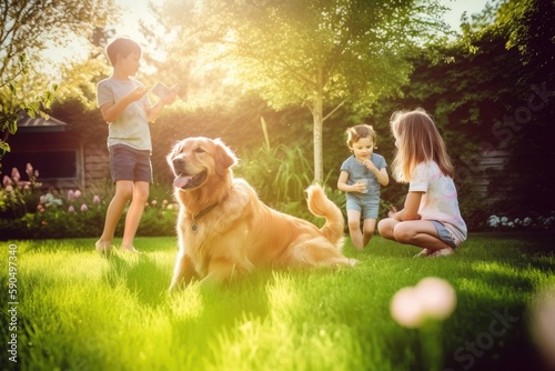 family playing with dog
