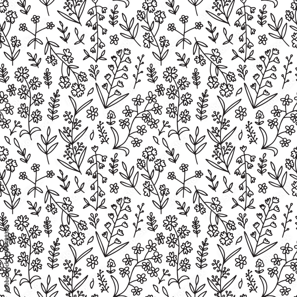 Fototapeta premium Doodle summer flowers seamless pattern. Vector mille fleur pattern on white background.