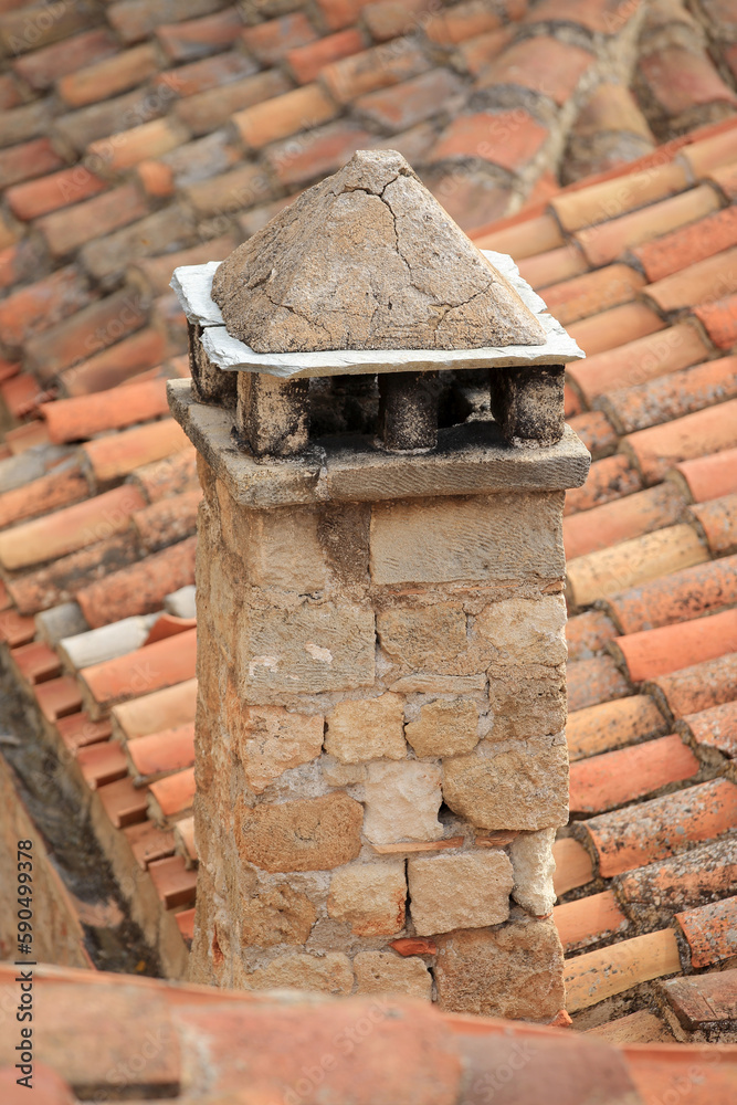 Monemvasia - roofs and chimneys of tenement houses from Byzantine times in Monemvasia in Peloponnese (Greece)