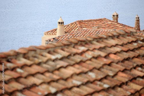 Obraz na płótnie Monemvasia - roofs and chimneys of tenement houses from Byzantine times in Monemvasia in Peloponnese (Greece) w salonie