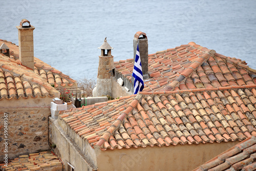 Monemvasia - roofs and chimneys of tenement houses from Byzantine times in Monemvasia in Peloponnese (Greece)