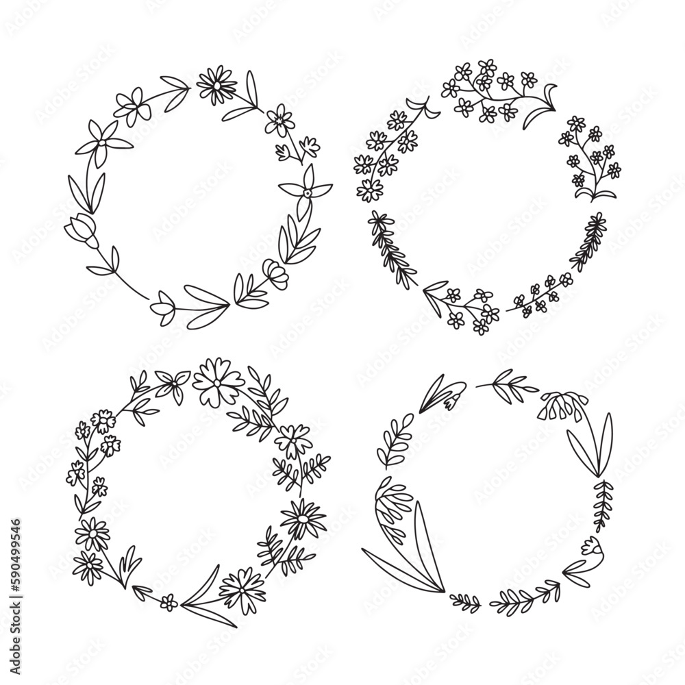 Vector set of wreathes with many summer flowers. Different wreathes with wild doodle flowers set Vector set of wreathes with many summer flowers. Different wreathes with wild doodle flowers set