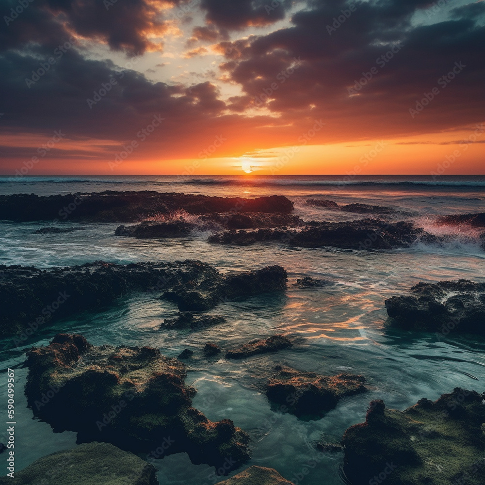 Generate a description of a beautiful sunset on a beautiful rocky ocean