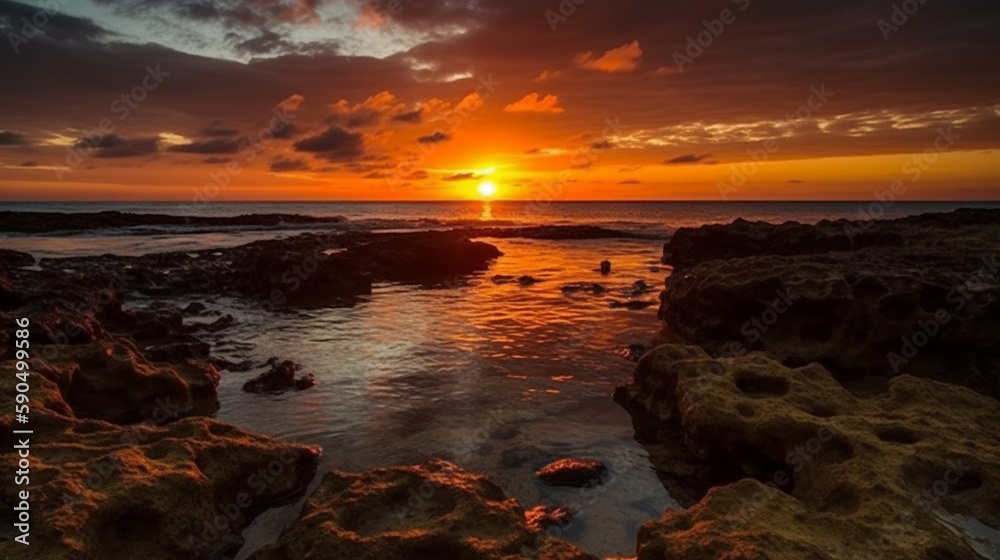 Generate a description of a beautiful sunset on a beautiful rocky ocean