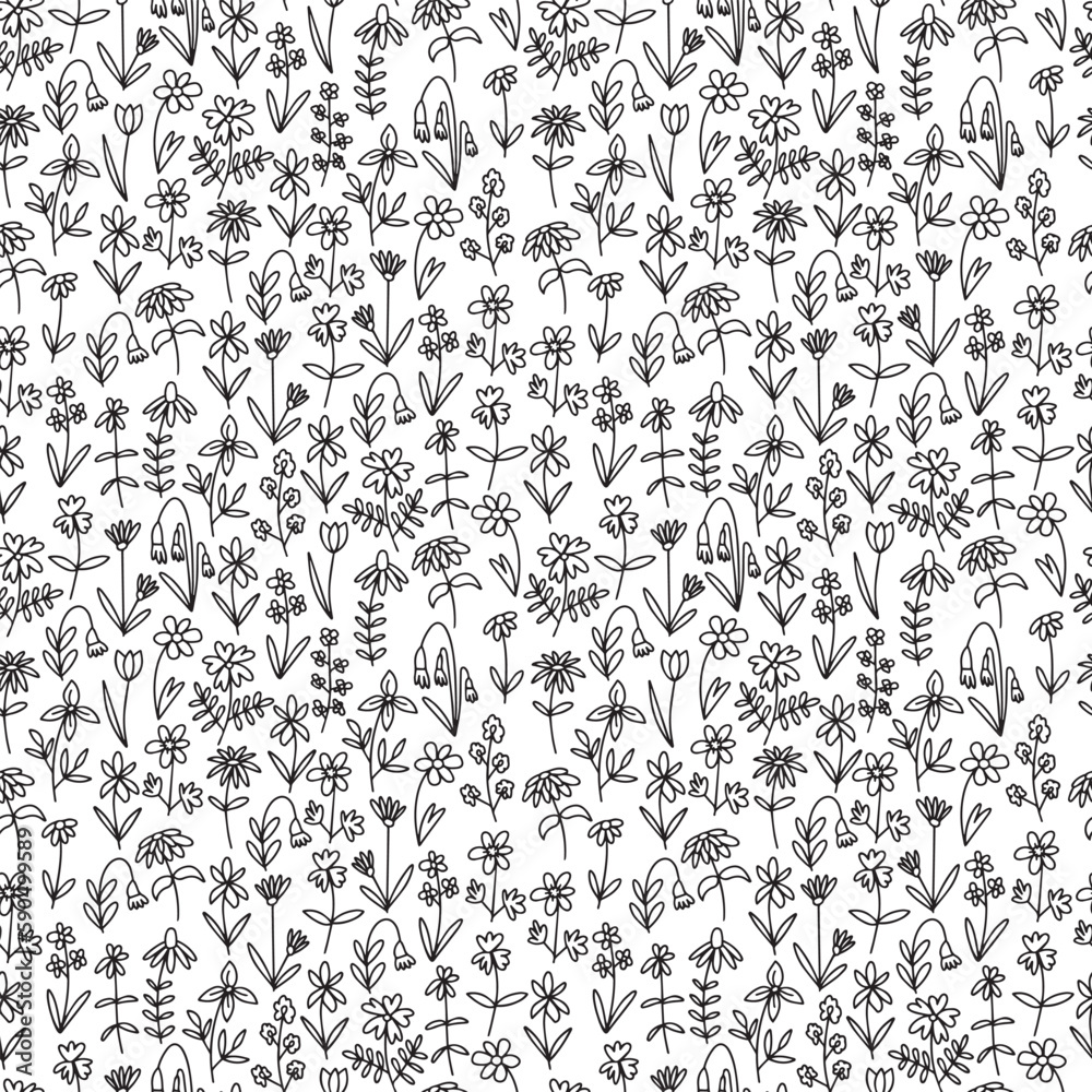 Doodle summer flowers seamless pattern. Vector mille fleur pattern on white background.